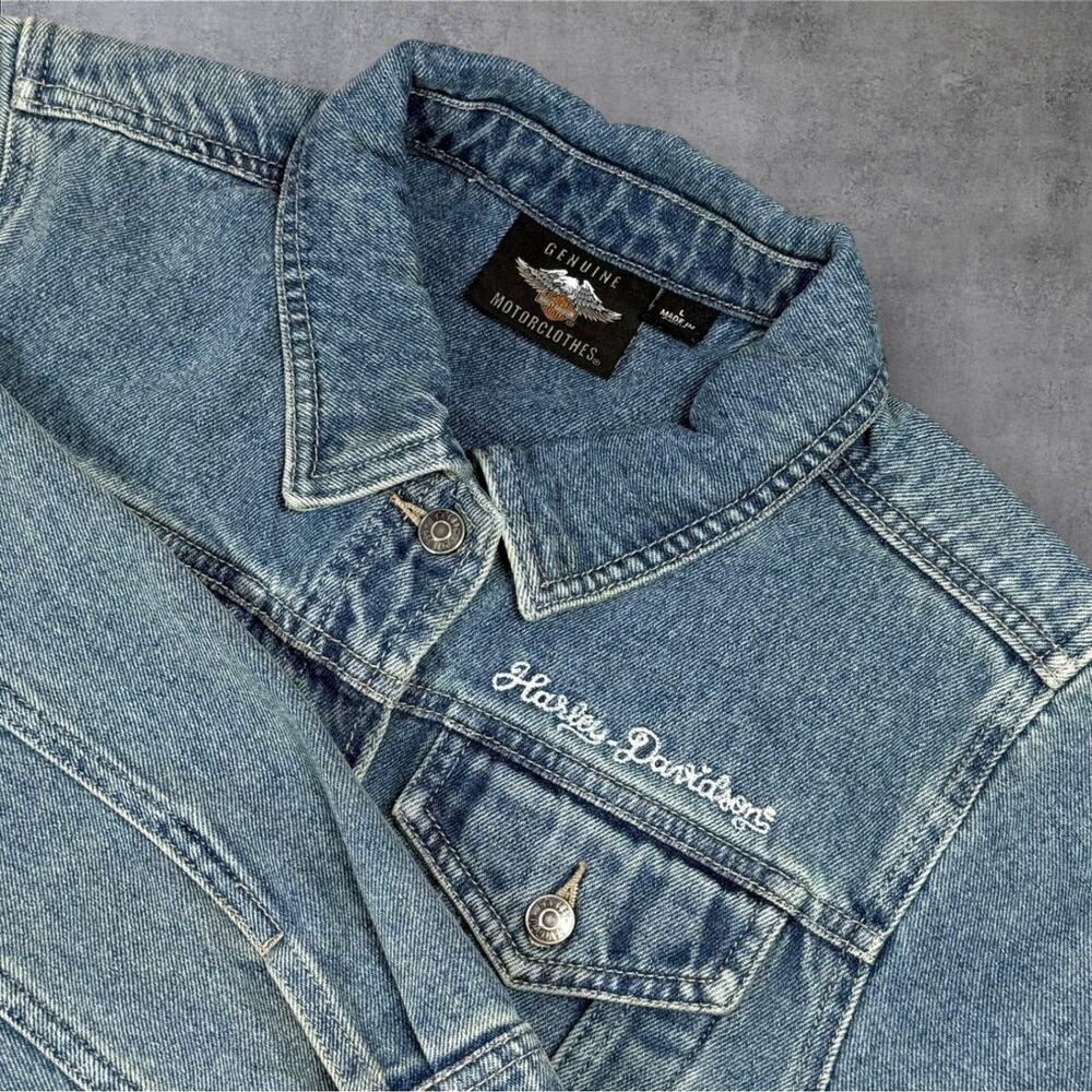 Harley Davidson Motor Clothes Denim Jacket Women's Large Blue Embroidered Patch